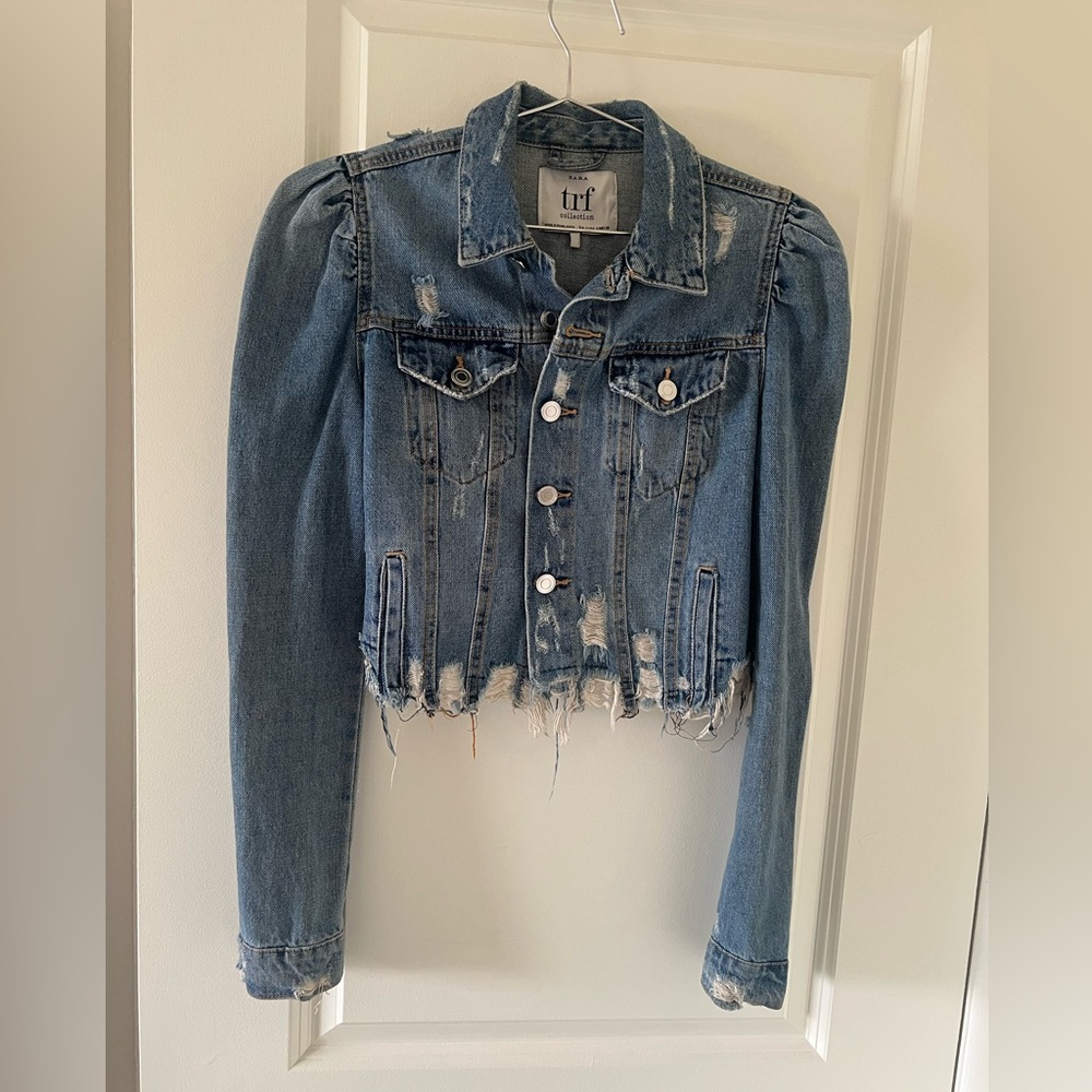 Zara TRF Collection Puff Sleeve Blue Distressed Cropped Denim Jacket Small